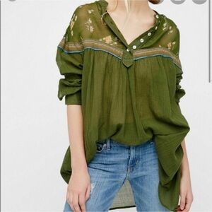 Free People Green Floral Sheer Blouse